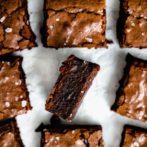 Close up overhead image of cut fudgy brownies