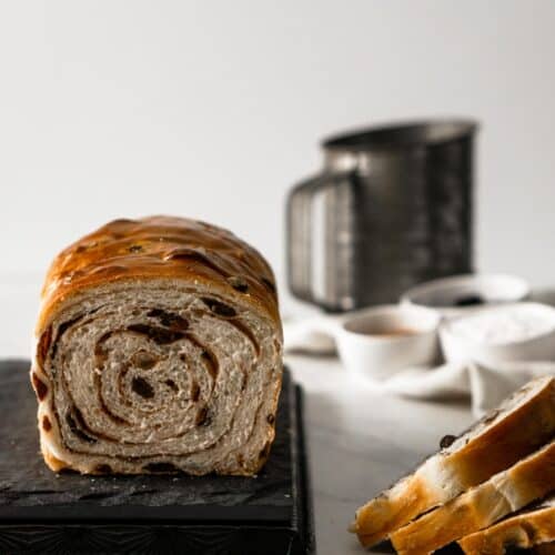 Close-up view of cinnamon-raisin swirl bread