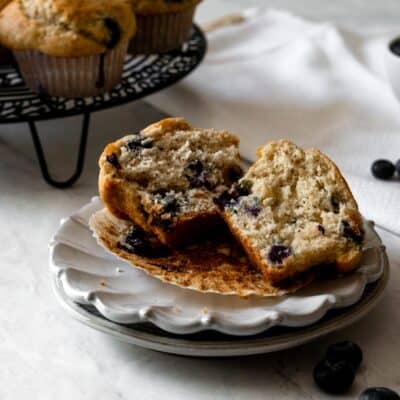 Close up of blueberry muffins cut into