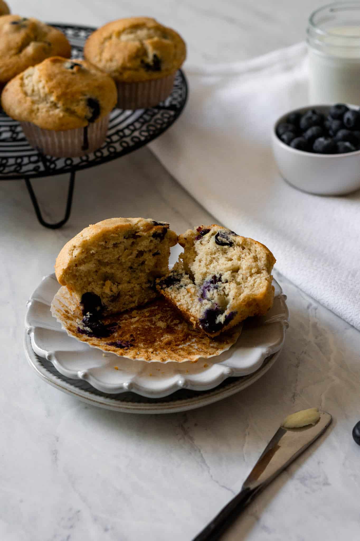 Brown butter blueberry muffin cut in half
