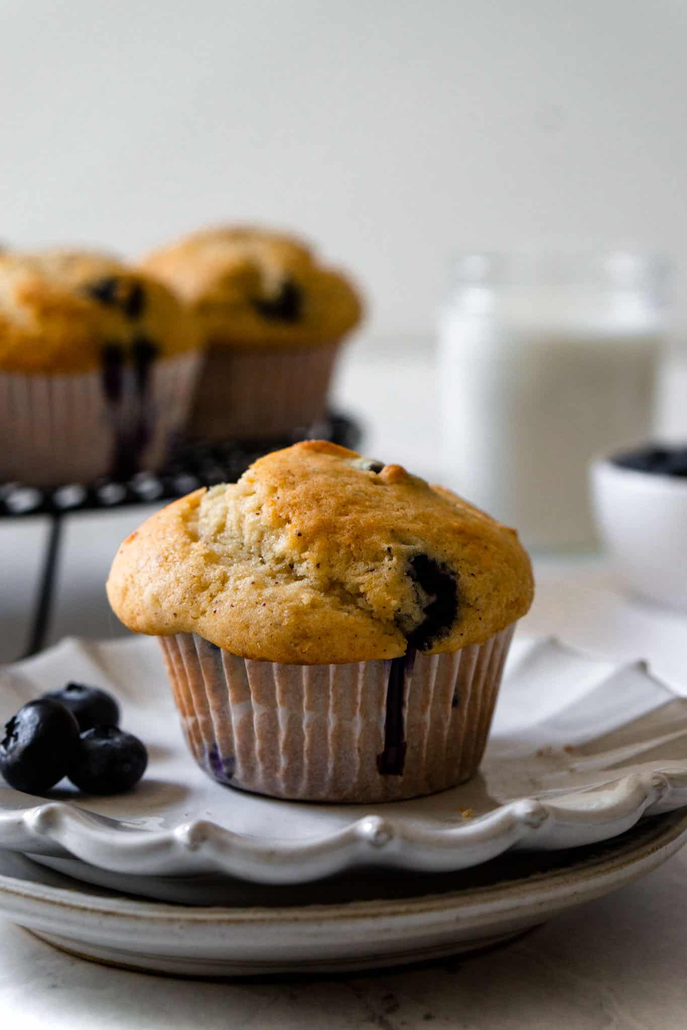 Close up image of blueberry muffins on stacked plates