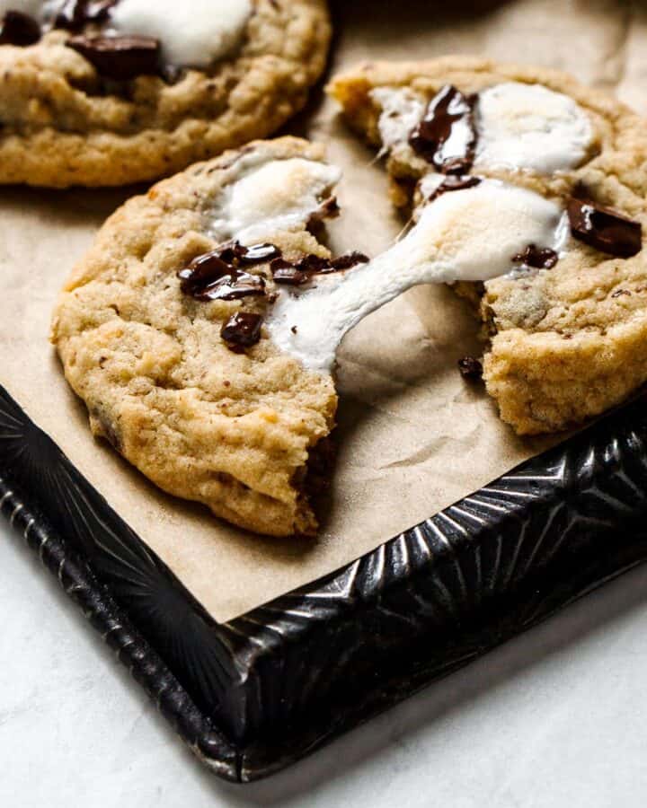 Close up image of S'more Cookie on a metal cookie sheet