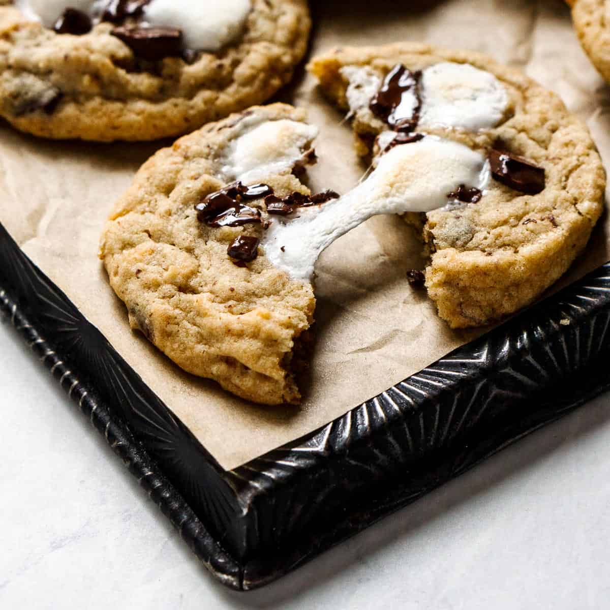 Close up image of S'more Cookie on a metal cookie sheet