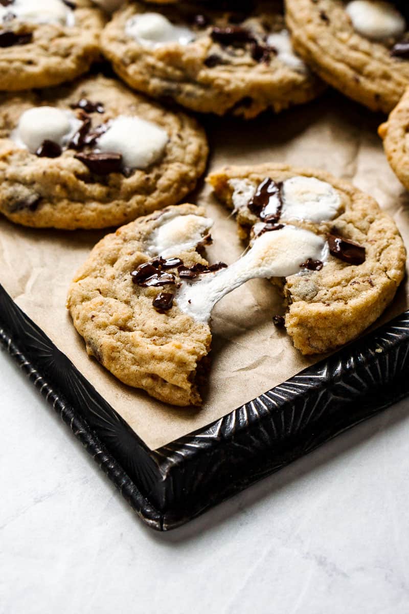 S'more cookies on a cookie sheet